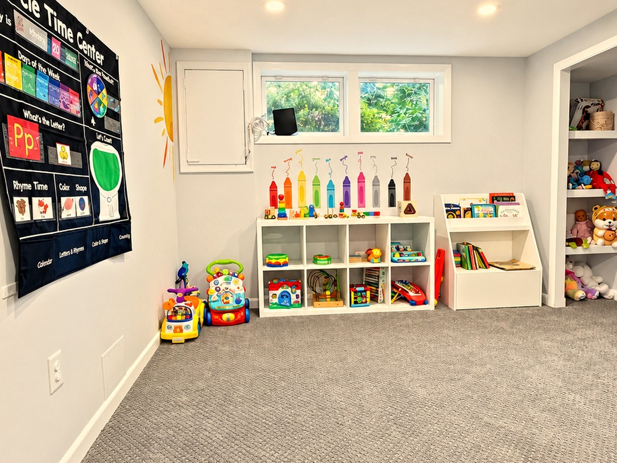 Playroom at Tiny Steps Child Care with circle-time chart, toy cubbies, and books